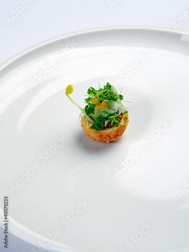 delicious fine dining composition on white plate michelin star   chef served