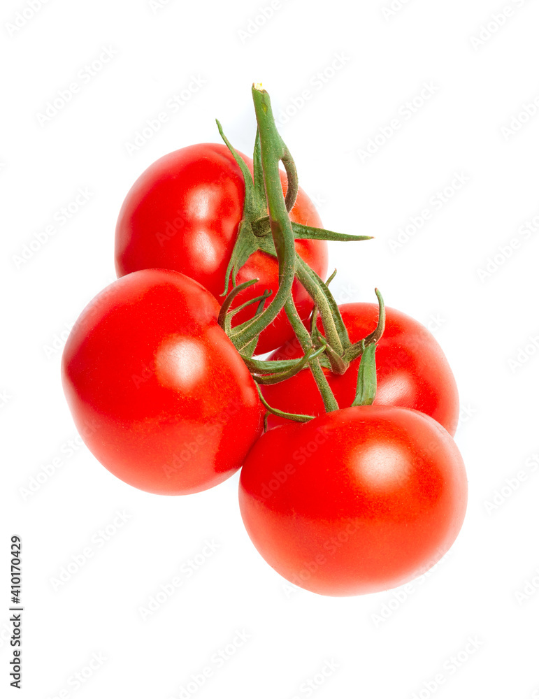 a brush of four large tomatoes on a white background. Studio photo, isolate, tomatoes, washed a brush of four large tomatoes on a white background. Studio photo, isolate, tomatoes, washed