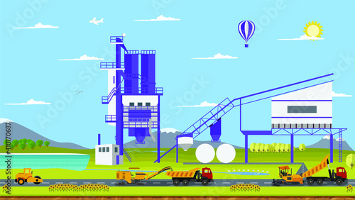 Vector cement factory and work machines paver, asphalt, road construction, cold milling machine, tipper, car, SUV
