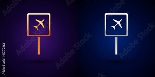 Gold and silver Airport icon isolated on black background. Vector.
