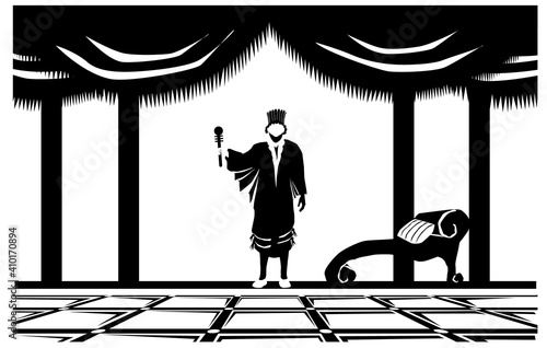Vector illustration of King Ahasuerus, in the palace. A painting for the Book of Esther that religious Jews read on Purim
Black silhouette on a white background.