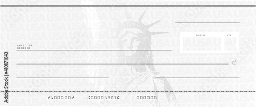 Blank stimulus check template. Fake money bank cheque mockup. photo