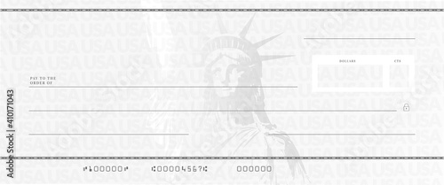 Blank stimulus check template. Fake money bank cheque mockup.