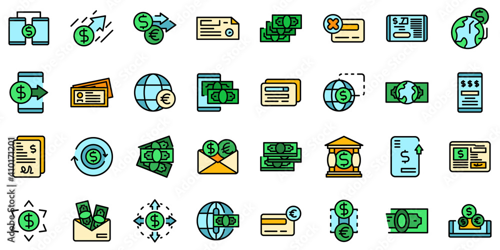 Transfer money icons set. Outline set of transfer money vector icons thin line color flat on white Transfer money icons set. Outline set of transfer money vector icons thin line color flat on white