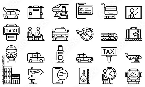 Airport transfer icons set. Outline set of airport transfer vector icons for web design isolated on white background