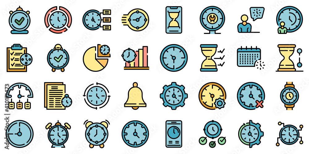 Time management icons set. Outline set of time management vector icons thin line color flat on white Time management icons set. Outline set of time management vector icons thin line color flat on white