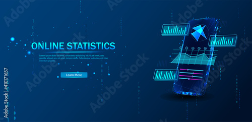 Online statistic, data Analytics and finance and trading mobile app. Smartphone app and UI, UX, KIT presentation mobile application. Analysis trends and financial strategy. Vector illustration