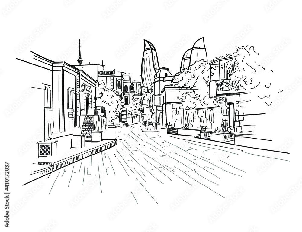 Baku old and modern city line sketch