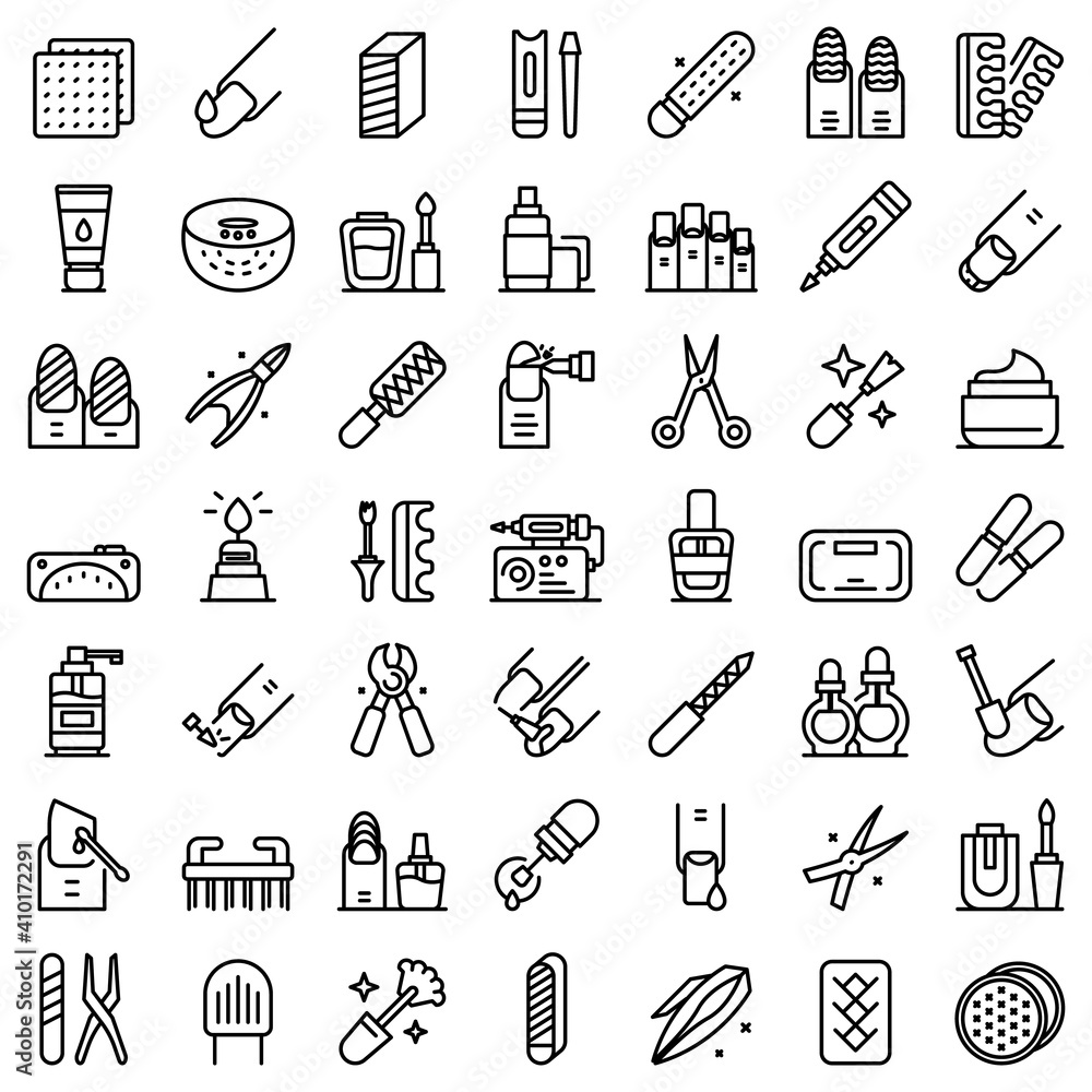 Naklejka premium Equipment for manicure icons set. Outline set of equipment for manicure vector icons for web design isolated on white background