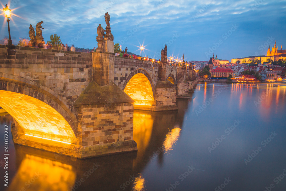 The historic tourist attraction Charles Bridge in the heart of Prague's Old Town in the Czech Republic.
