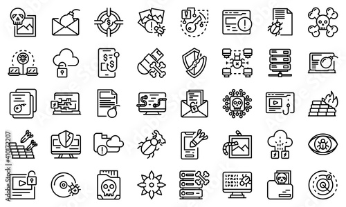Malware icons set. Outline set of malware vector icons for web design isolated on white background