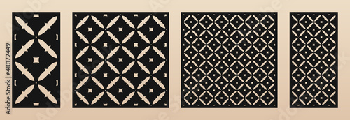 Laser cut patterns. Vector design with elegant geometric ornament, Arabian style grid, lattice. Template for cnc cutting, decorative panels of wood, metal, plastic, plywood. Aspect ratio 1:2, 1:1