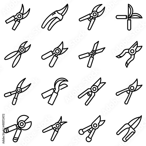 Secateurs icons set. Outline set of secateurs vector icons for web design isolated on white background