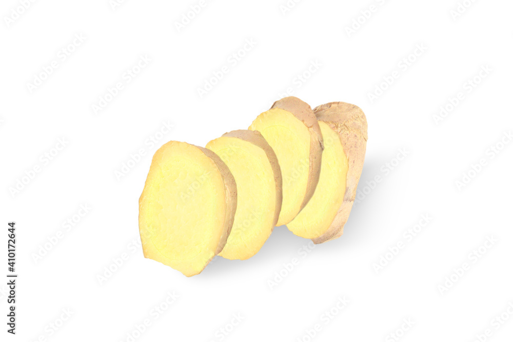 Fresh ginger rhizome cut into rings isolated on white background Fresh ginger rhizome cut into rings isolated on white background