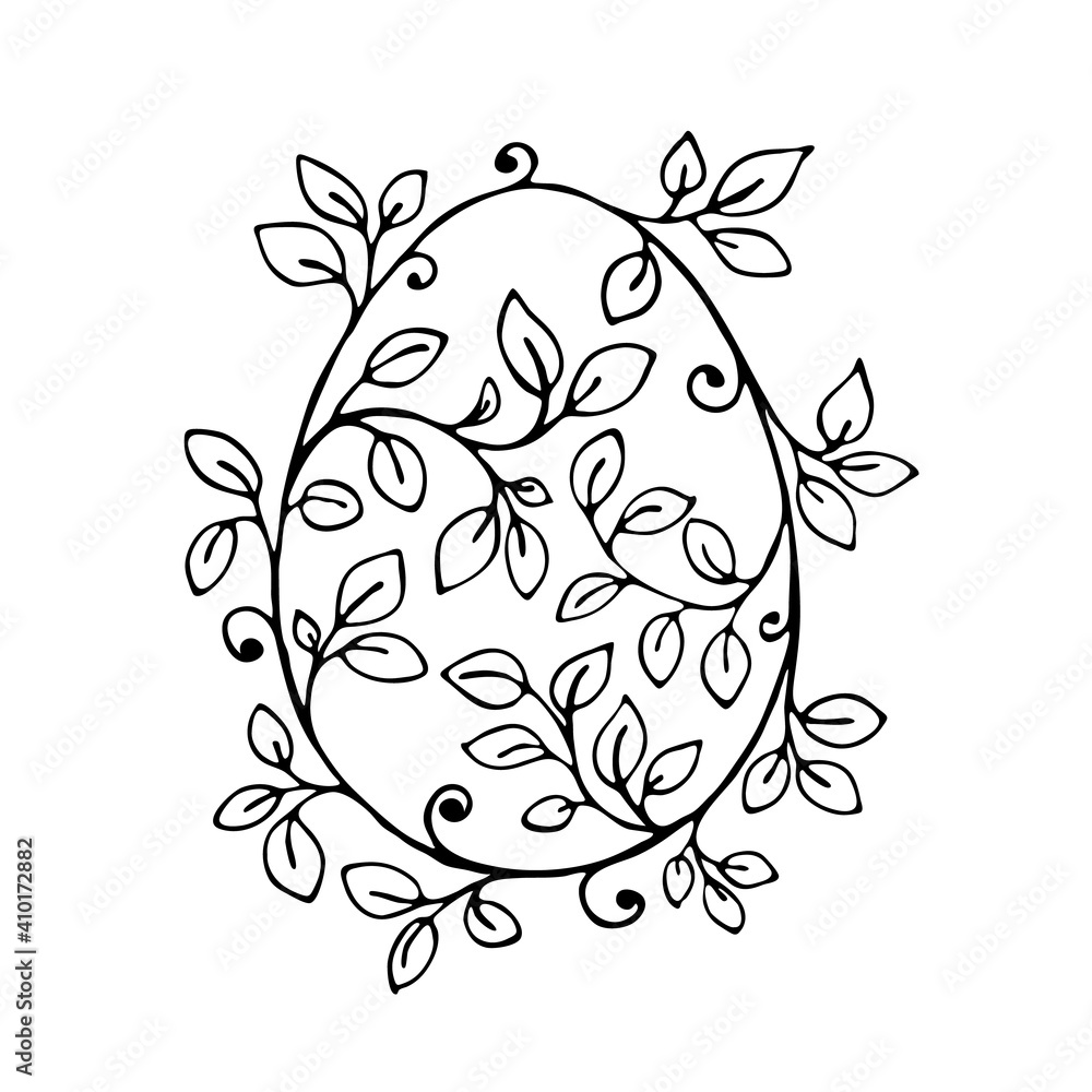 Decorated egg with leaves. Easter doodle element for cards, posters, web. Children's coloring. Decorated egg with leaves. Easter doodle element for cards, posters, web. Children's coloring.
