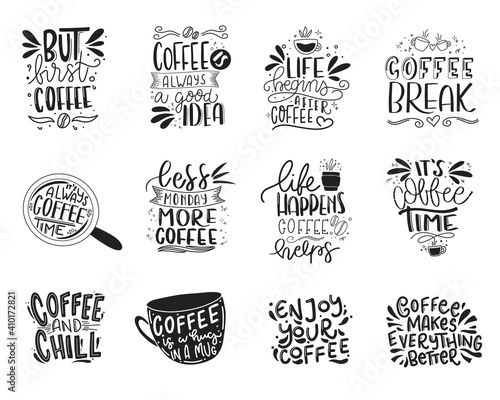 Coffee lettering typography set. Hand drawn lettering phrase. Modern motivating calligraphy decor. Scrapbooking or journaling card with quote.