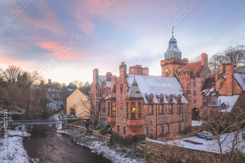 A beautiful afternoon at the historic Dean Village in Edinburgh, Scotland after a fresh winter snowfall. photo