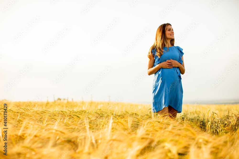 Young pregnant woman in blue dress relaxing outside in nature Young pregnant woman in blue dress relaxing outside in nature