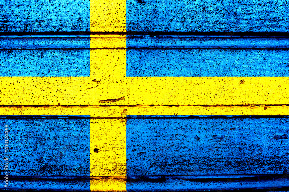 National flag of Sweden, abbreviated with se; a realistic 3d image of the national symbol from an independent country painted on a wooden wall