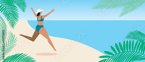 Happy woman at seaside resort, beach as template for copy space, flat vector stock illustration with happy jump and exotic leaves