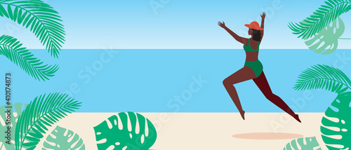 African woman at seaside resort, beach as template for copy space, flat vector stock illustration with happy jump and exotic leaves