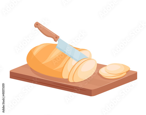 Cut wheat bread, isometric cutlery knife cutting on wooden chef board loaf of bread