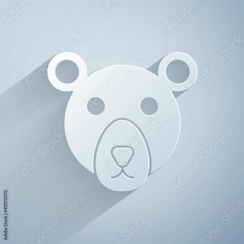 Paper cut Bear head icon isolated on grey background. Paper art style. Vector.