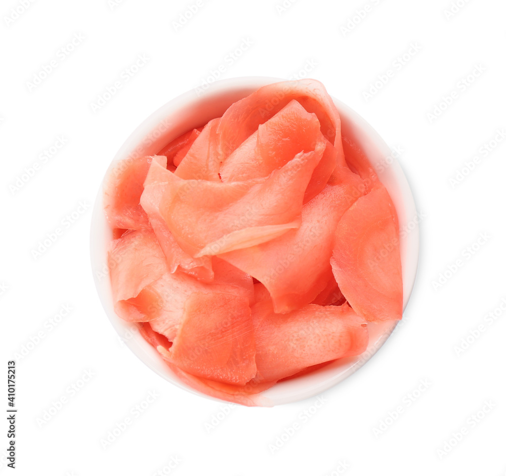 Pickled ginger in bowl isolated on white, top view