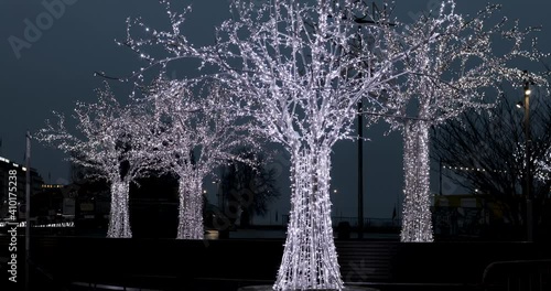 Christmas decorations and lights at Place du Rhône in Geneva downtown district of Rues basse which regroup the main shopping streets  as well as some of the oldest squares in the city.