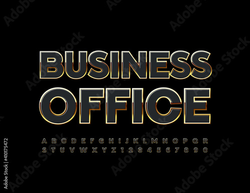 Vector premium sign Business Office. Black and Gold shiny Font. Chic Alphabet Letters and Numbers