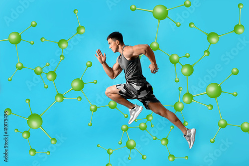 Metabolism concept. Molecular chain illustration and athletic young man running on blue background