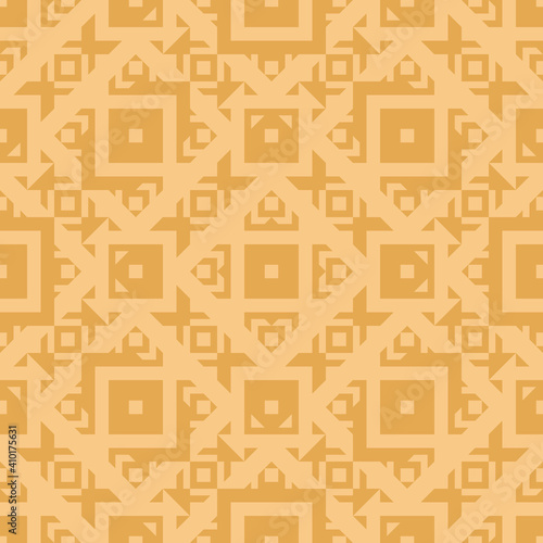 Vector geometric ornament in ethnic style. Abstract seamless pattern with squares, diamonds, triangles, grid, net, repeat tiles. Yellow mustard color. Simple vintage background texture. Repeat design