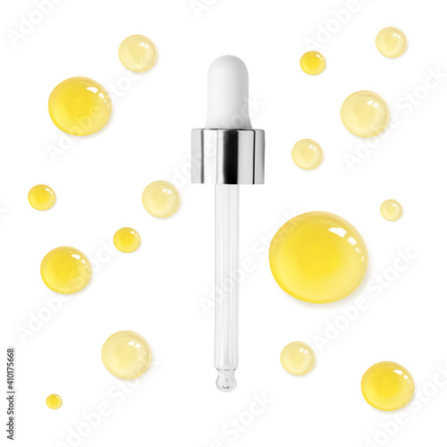 Glass pipette and oil serum cosmetic drops isolated on white background realistic vector illustration