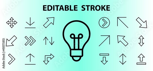 Set of line arrows, directions, arrows, contains icons such as pause, continuation, directly, to the right, Editable stroke. 480x480, On a white background, Vector illustration