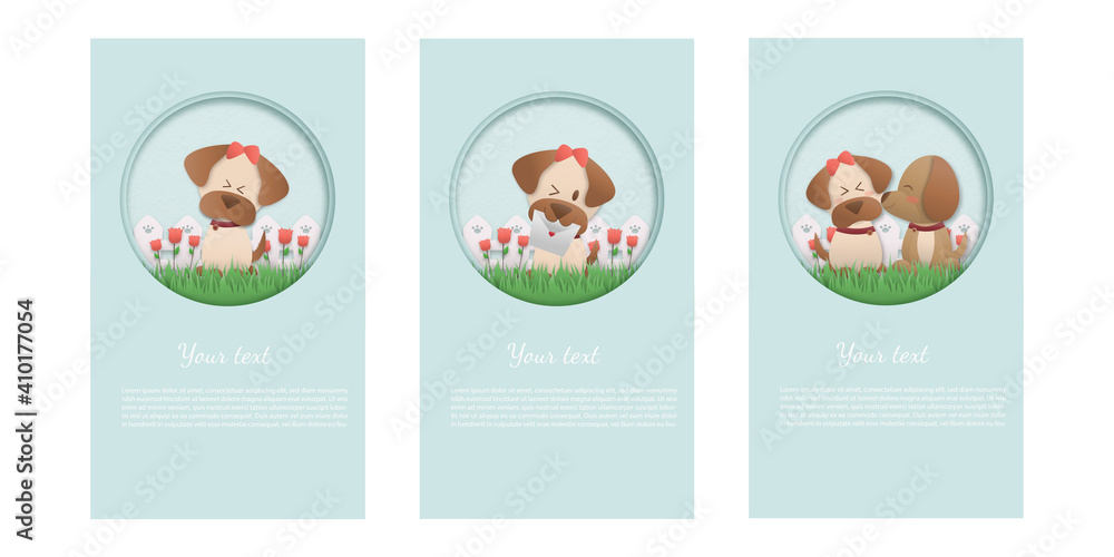 Set Happy Birthday and Valentine's day with character cute dog kissing and Happy smiling. in soft pastel color Paper cut and craft style. Vector illustration.