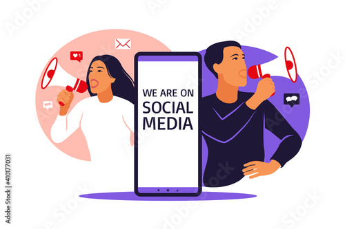 Woman and man with megaphone on screen mobile phone and young people surrounding her. Vector illustrationwith characters - influence blogger promotion services and goods for his followers online.