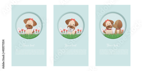 Set Happy Birthday and Valentine's day with character cute dog kissing and Happy smiling. in soft pastel color Paper cut and craft style. Vector illustration.