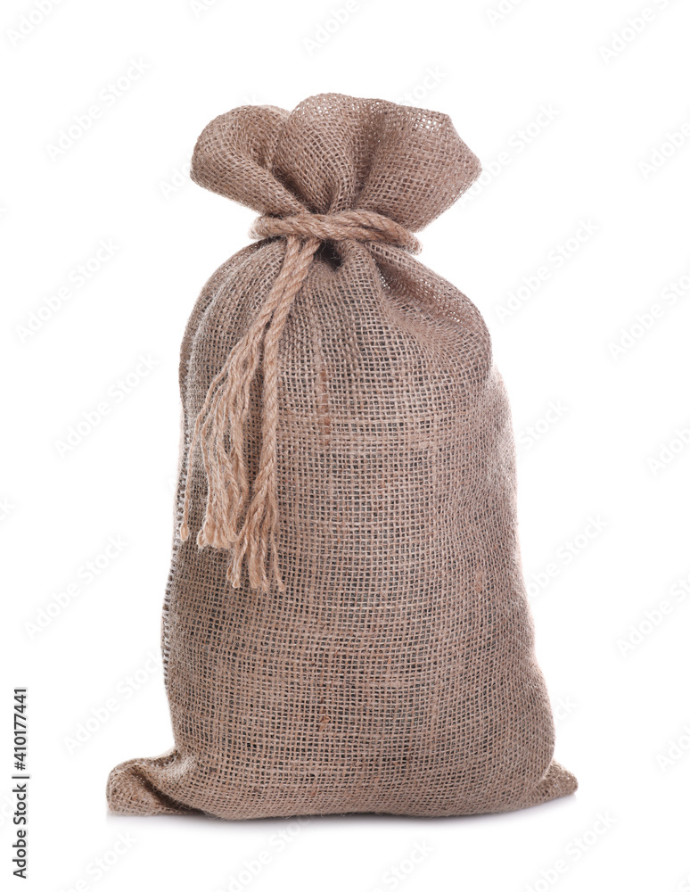 Tied burlap bag isolated on white. Organic material Tied burlap bag isolated on white. Organic material