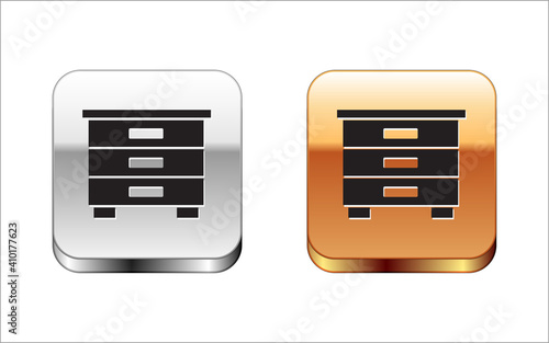 Black Furniture nightstand icon isolated on white background. Silver and gold square buttons. Vector.