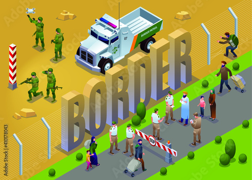 Border guards and isometric word  Border with special vehicles and people crossing the border warning signs isometric icons on isolated background