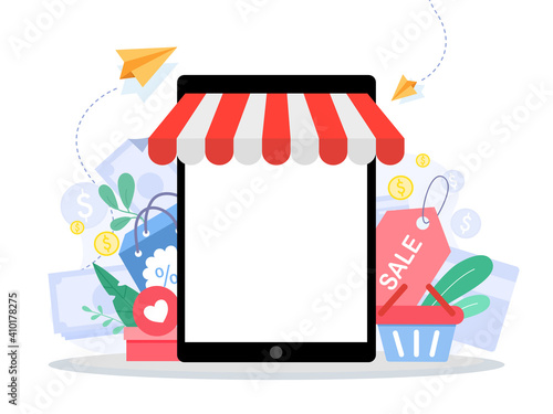 Online shopping, E-commerce and digital marketing and online trading. Blank tablet or mobile phone with awning, sale tag and shopping basket. Flat vector illustration isolated on white background.