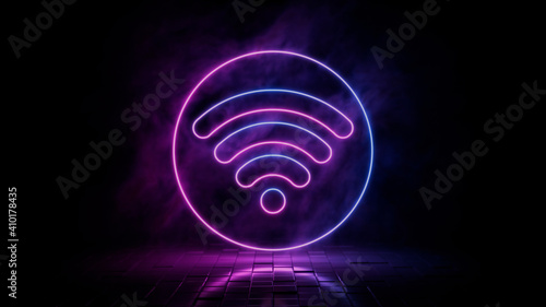 Pink and blue neon light wifi icon. Vibrant colored wireless technology symbol, isolated on a black background. 3D Render  photo