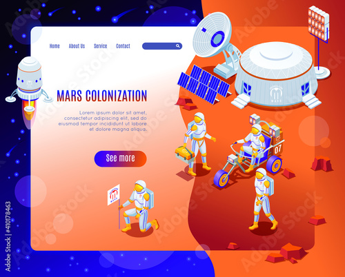 Mars colonization Landing Page isometric icons on isolated background
