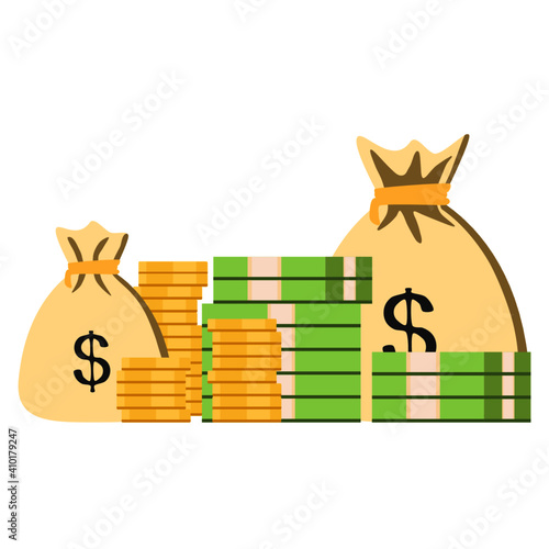 Vector of bills, money bag, gold, and cash stash on white background