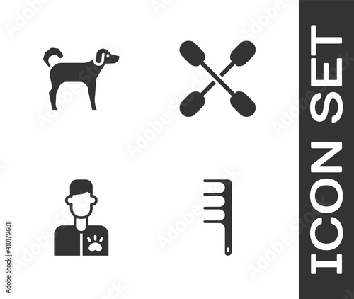 Set Hair brush for dog and cat, Dog, Veterinarian doctor and Cotton swab ears icon. Vector.