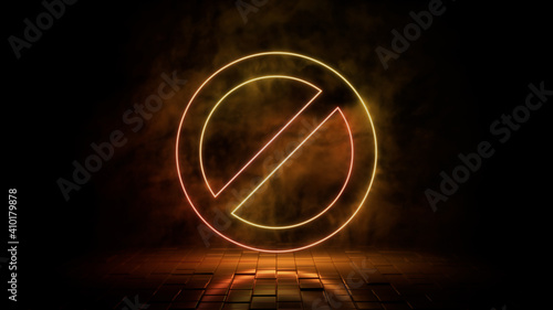 Orange and yellow neon light no entry icon. Vibrant colored technology symbol, isolated on a black background. 3D Render  photo