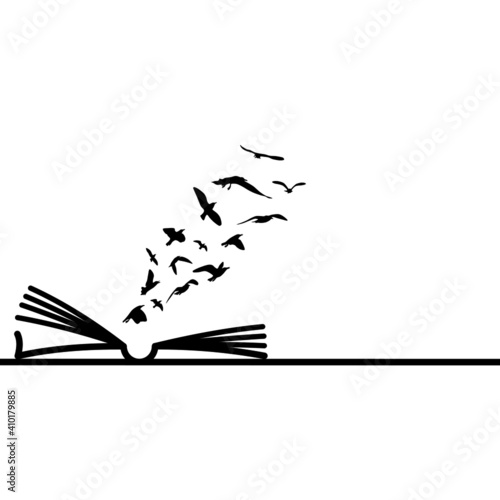 Black and white vector of a flock of birds flying out of an open book