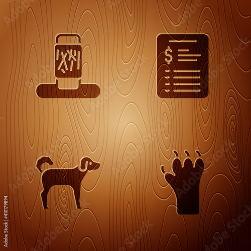Set Paw print, Cat scratching post, Dog and Grooming salon price list on wooden background. Vector.