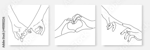 Continuous Line Drawing of Hands Couple Trendy Minimalist Prints Set. One Line Abstract Concept. Hands Couple Minimalist Contour Drawing. Vector EPS 10.