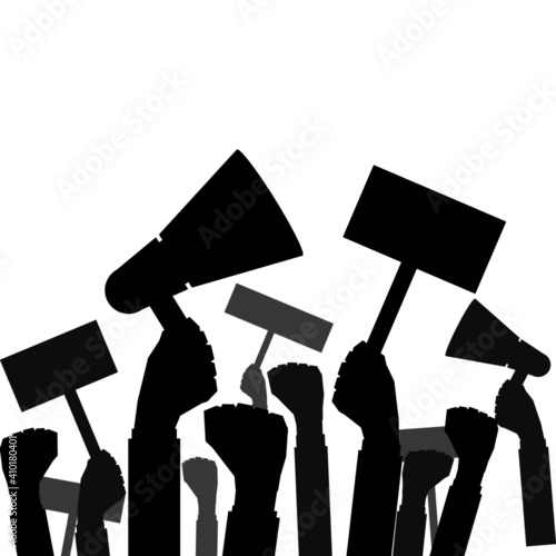Monochrome vector of protestors raising riot with signs and speakerphone